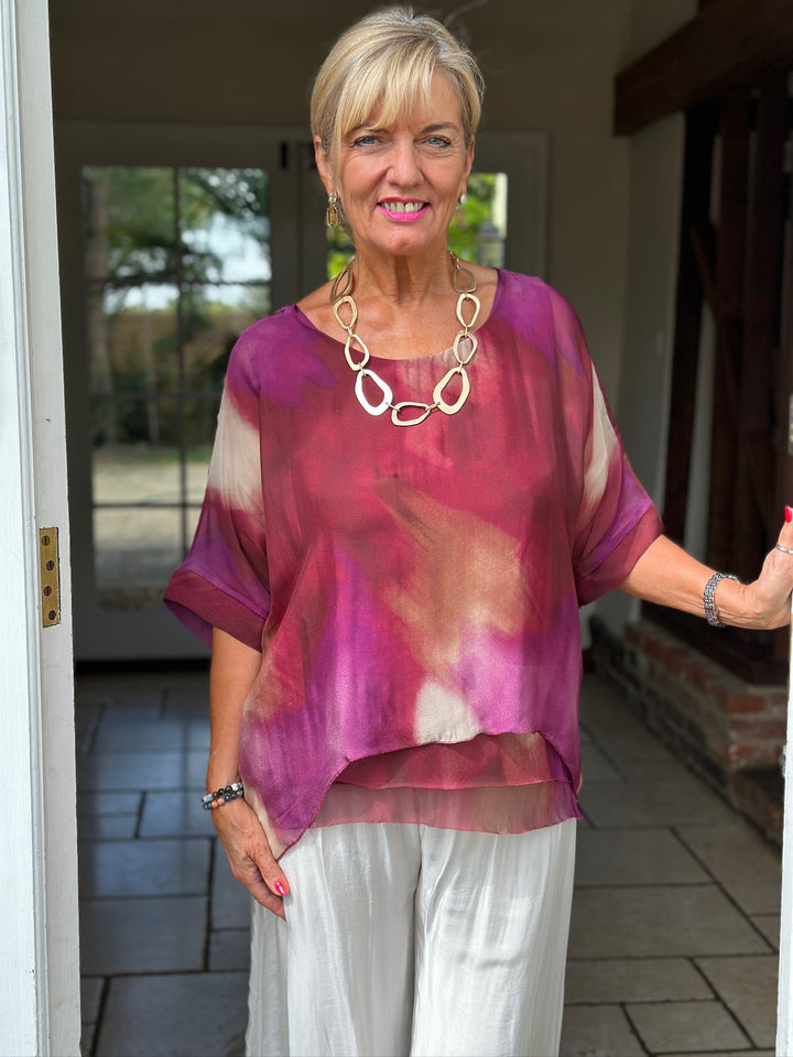 Watercolour Tiered Hem Blouse | Magenta