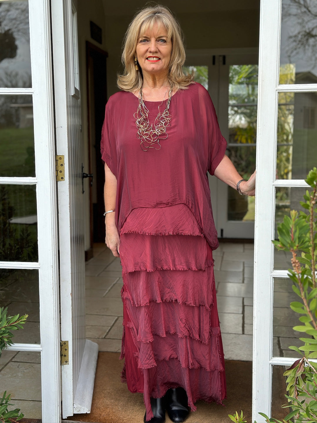 Silk Tiered Ruffle Dress | Burgundy