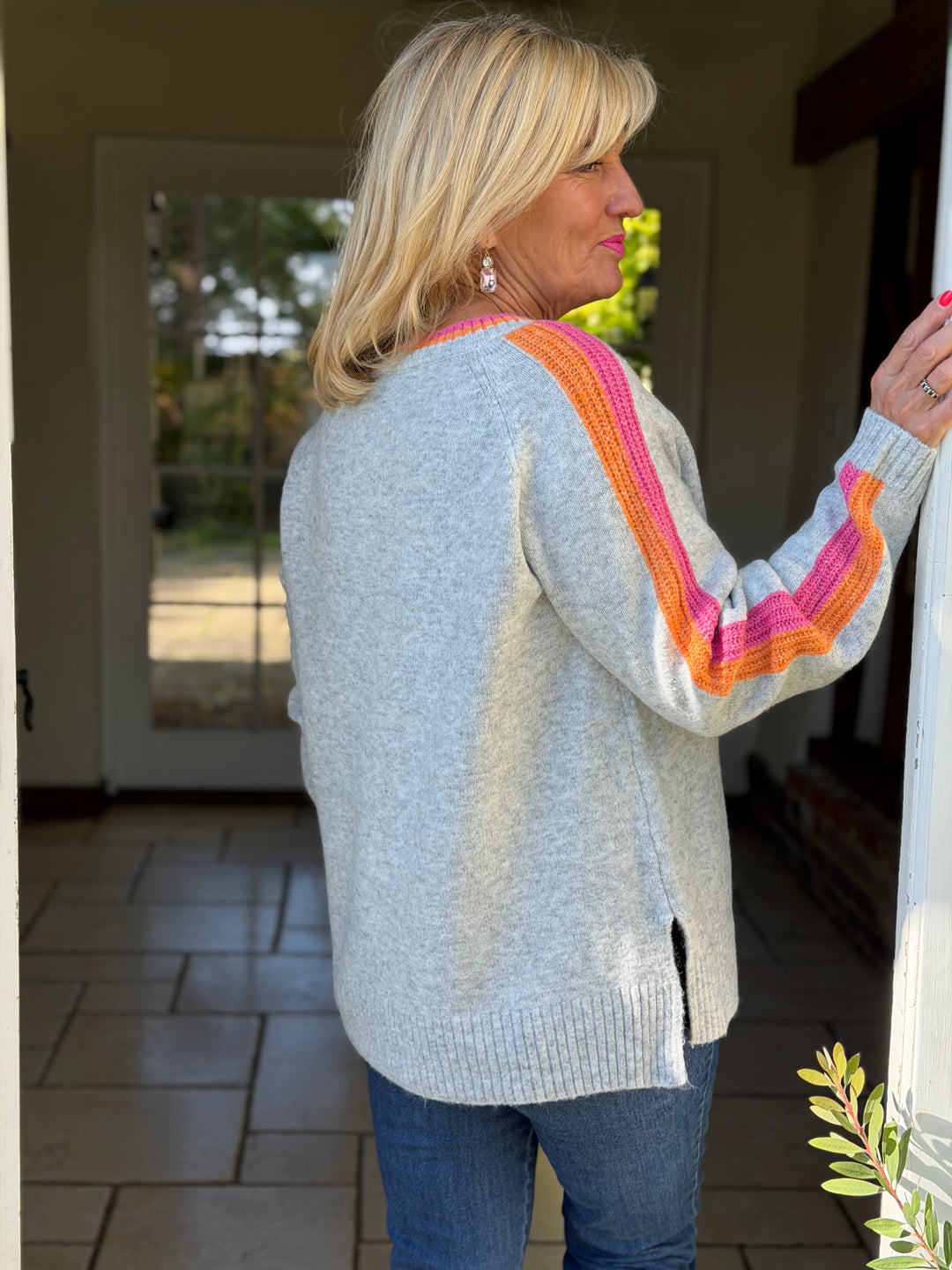 Stripe Sleeve Knit Jumper  | Silver