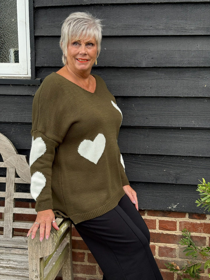 V-Neck Heart Knit Jumper | Khaki
