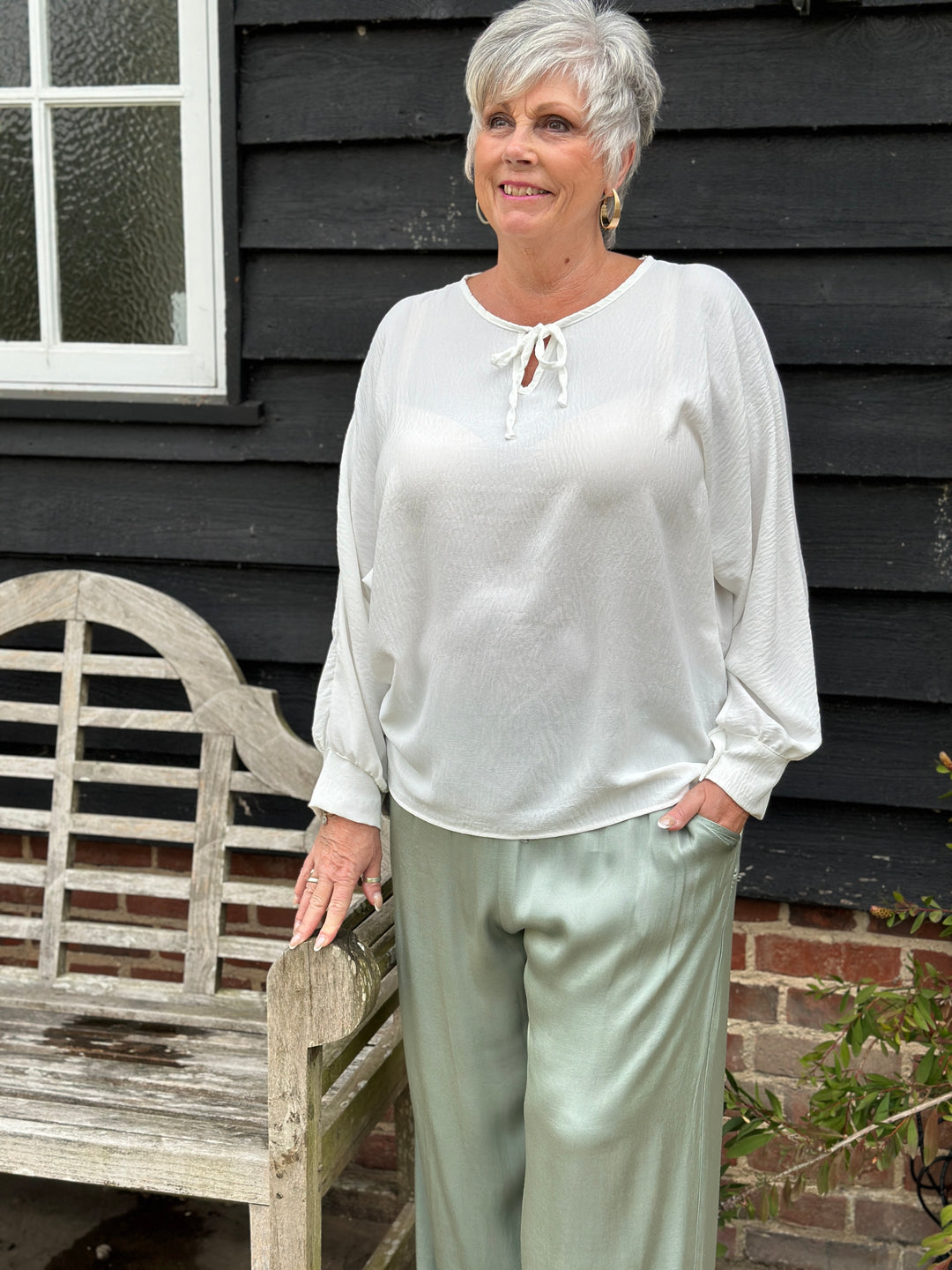 Long Sleeve Lightweight Top With Ties | White