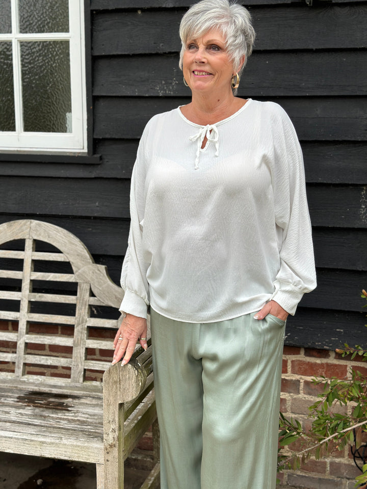 Long Sleeve Lightweight Top With Ties | White