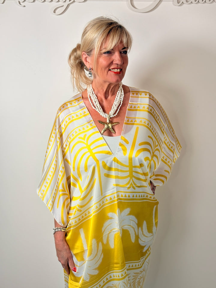 Silk-Blend Tropical Print Kaftan | Sunshine Yellow