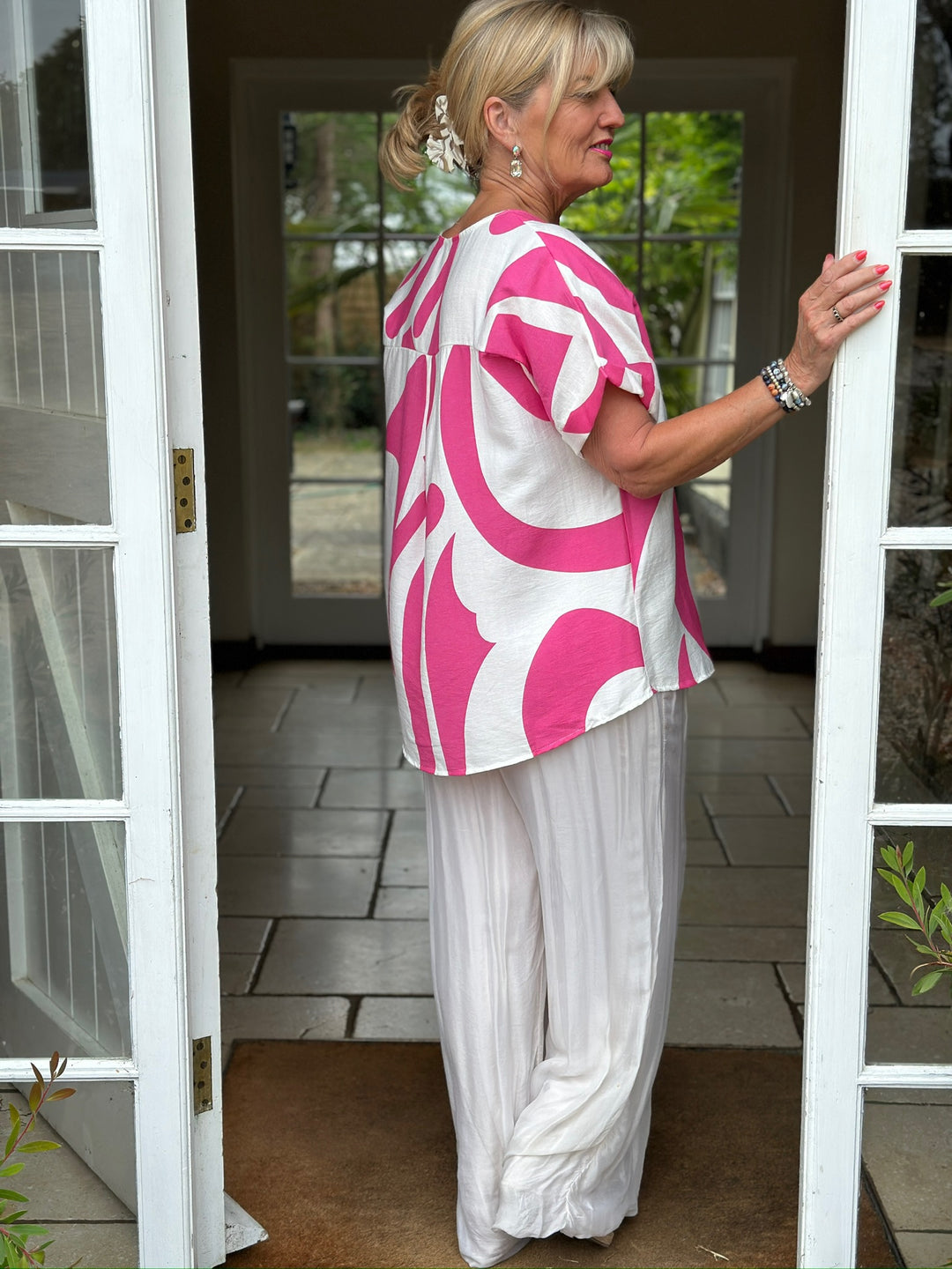Swirl Print Button-Neck Top | Fuchsia