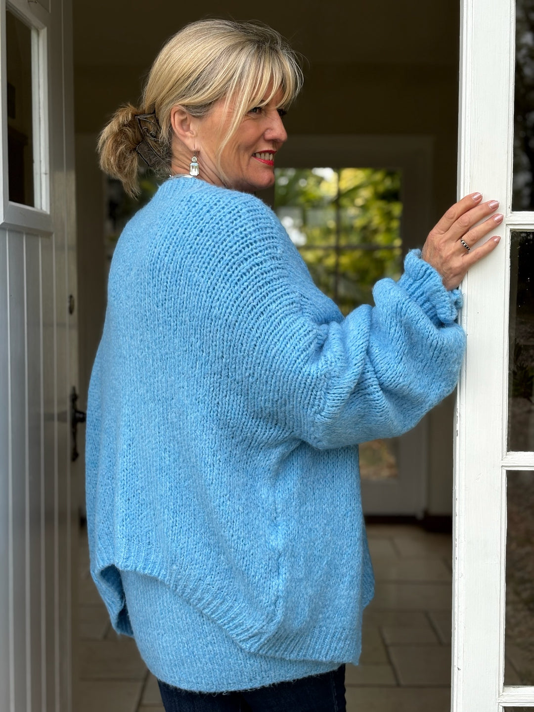 Long Sleeve Ruffle Cuff Knit Cardigan | Sky Blue
