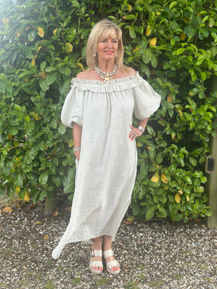 Ruffle Bardot Linen Dress | Stone