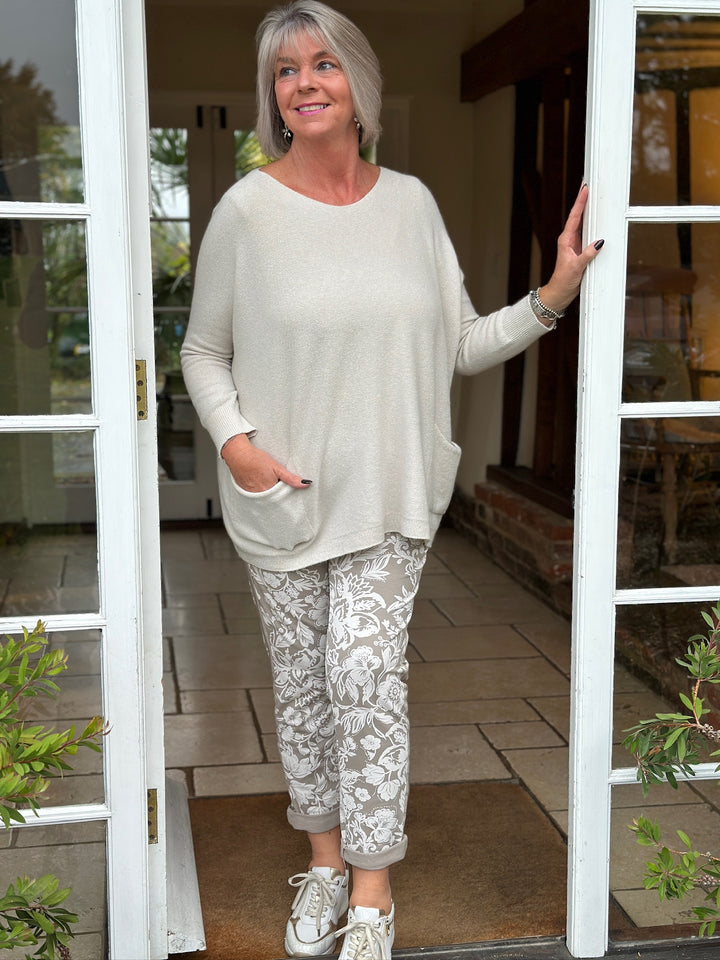 Floral Print Slim Fit Premium Trouser | Taupe