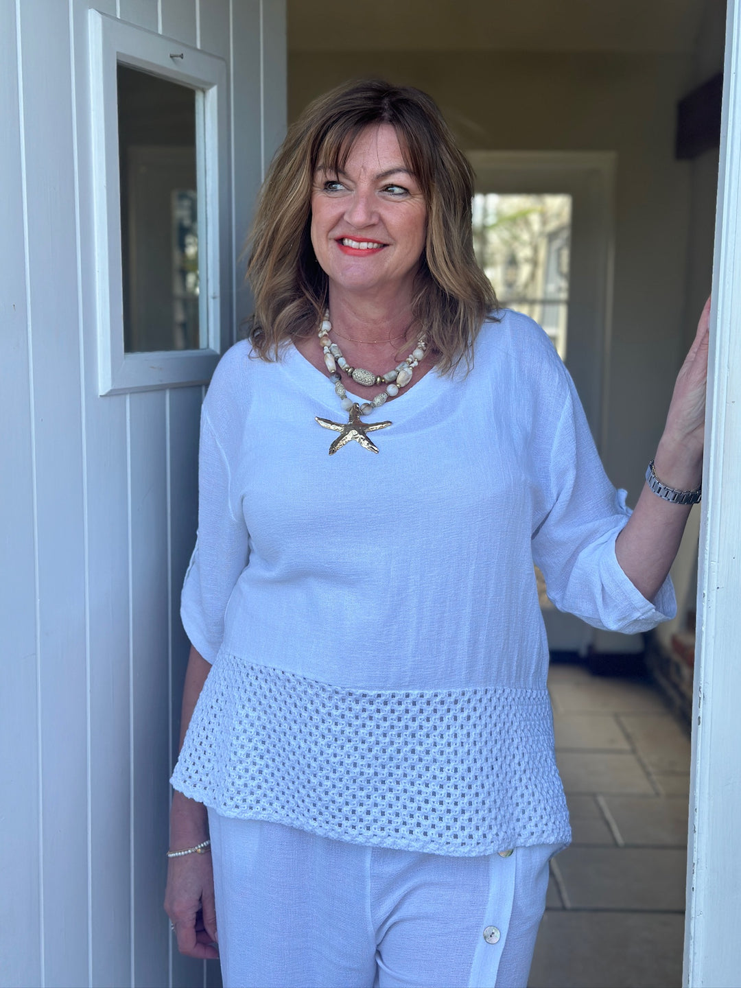 Crochet Detail Linen Top | White