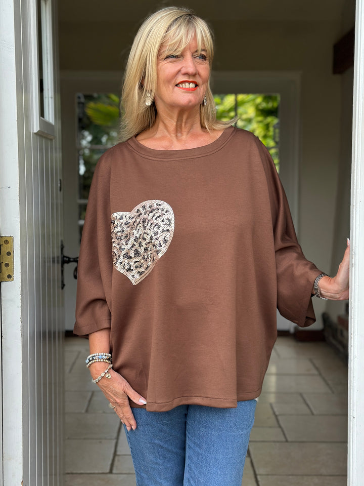 Batwing Sequin Heart Jumper | Brown
