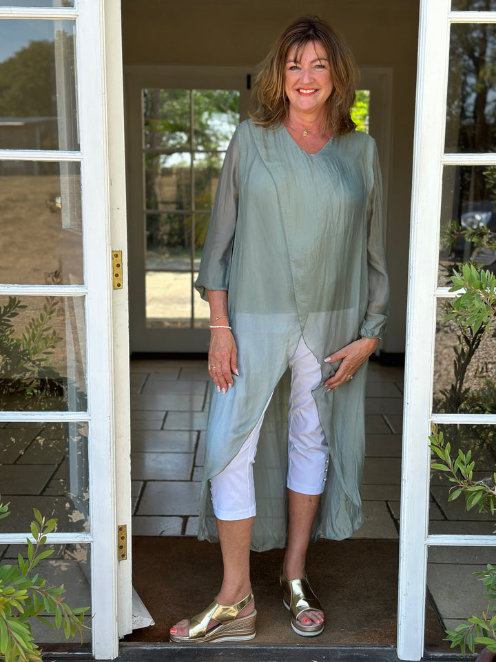 Silk Longline Cross Over Top | Slate