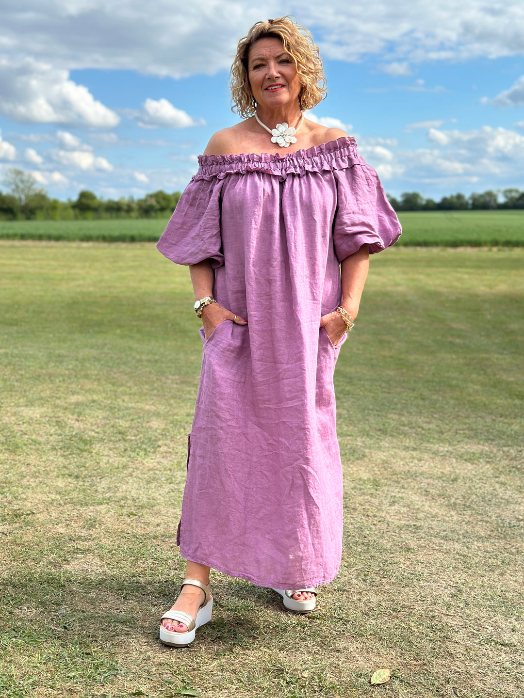 Ruffle Bardot Linen Dress | Plum
