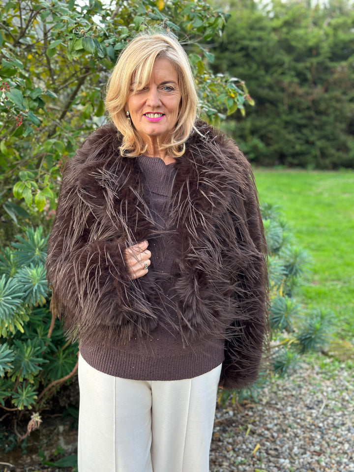 Long-Pile Faux Fur Jacket | Chocolate