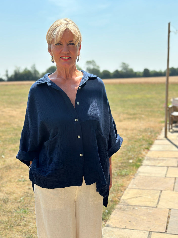 Cotton Button Shirt | Navy