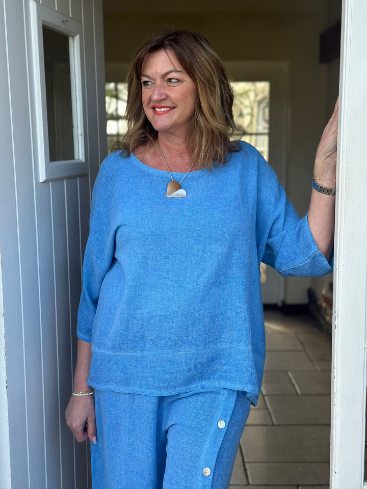 Wide Sleeve Linen Top | Denim Blue