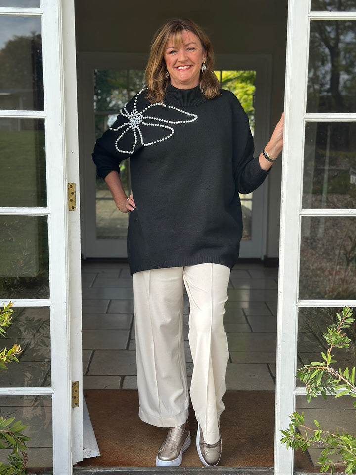 Pearl Floral Mock Neck Knit Jumper | Black