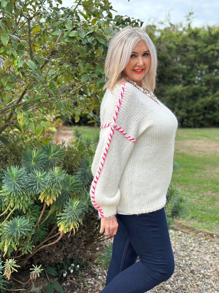 Contrast Stitch V-Neck Jumper  | Neon Pink
