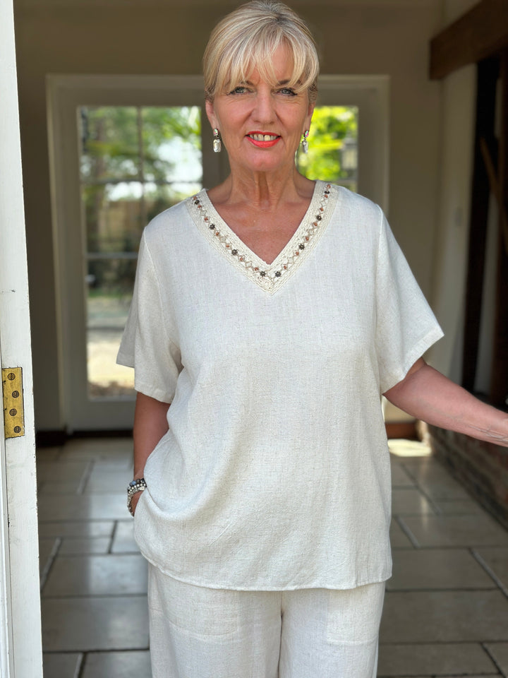Lace Trim V-Neck Cotton Blend Top | Ivory