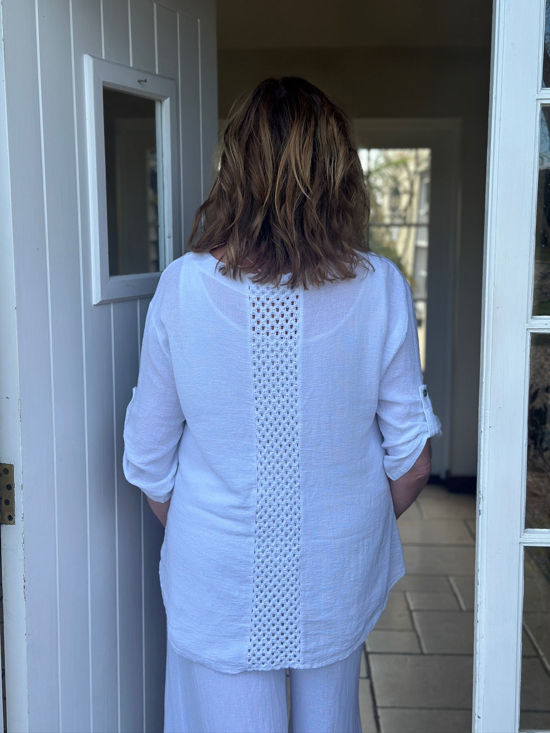 Crochet Detail Linen Top | White