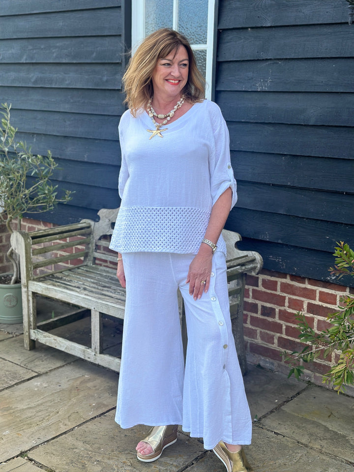 Button Detail Linen Trouser | White