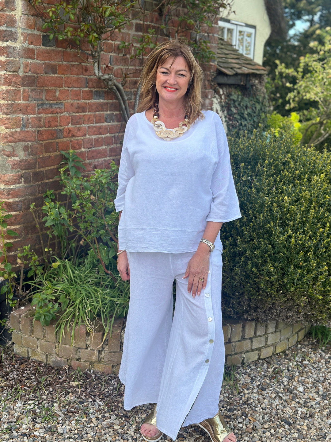 Button Detail Linen Trouser | White