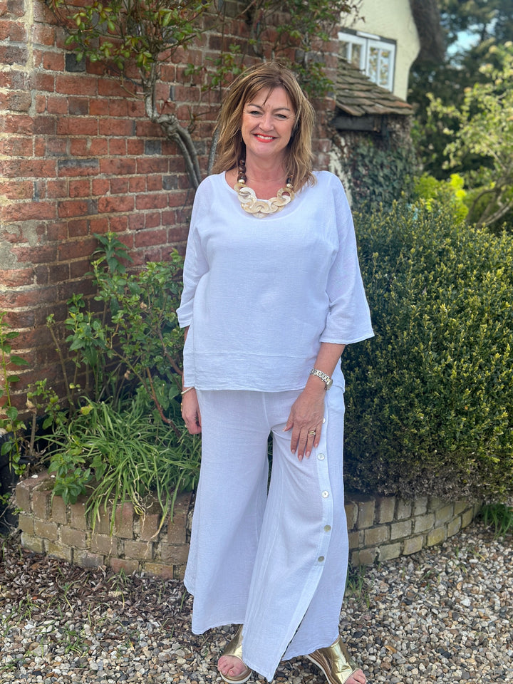 Button Detail Linen Trouser | White
