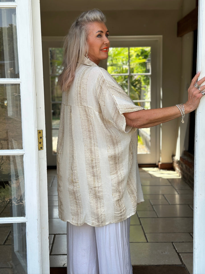 Metallic Stripe Longline Shirt | Oatmeal