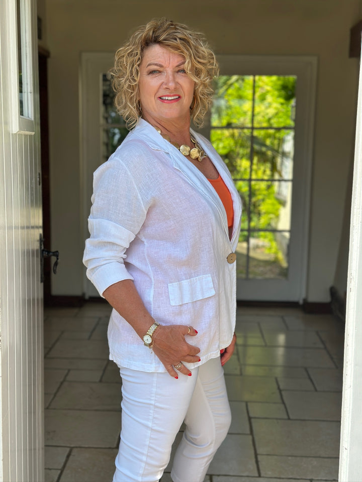Linen-Blend Button Blazer | White