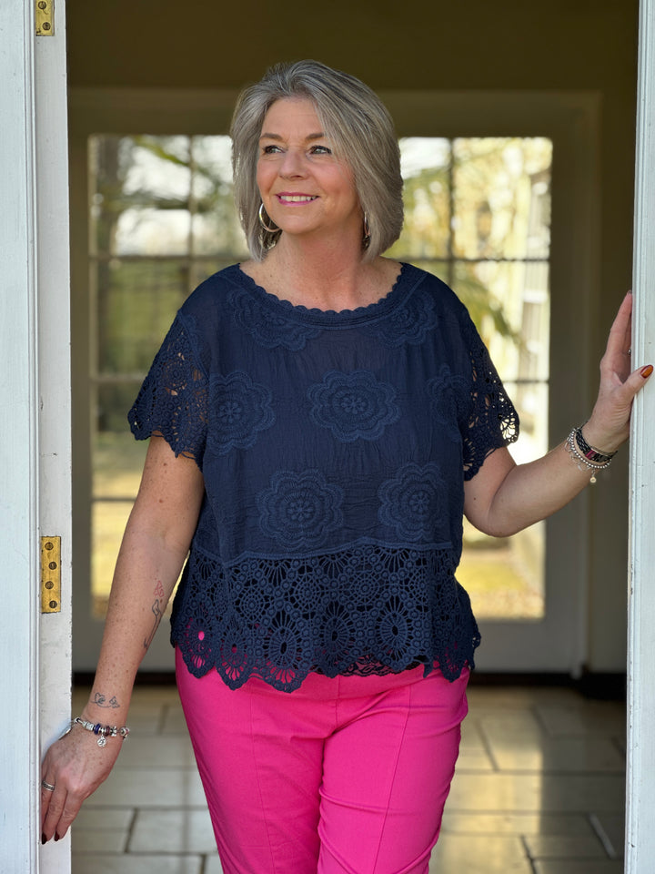Crochet Floral Top | Navy