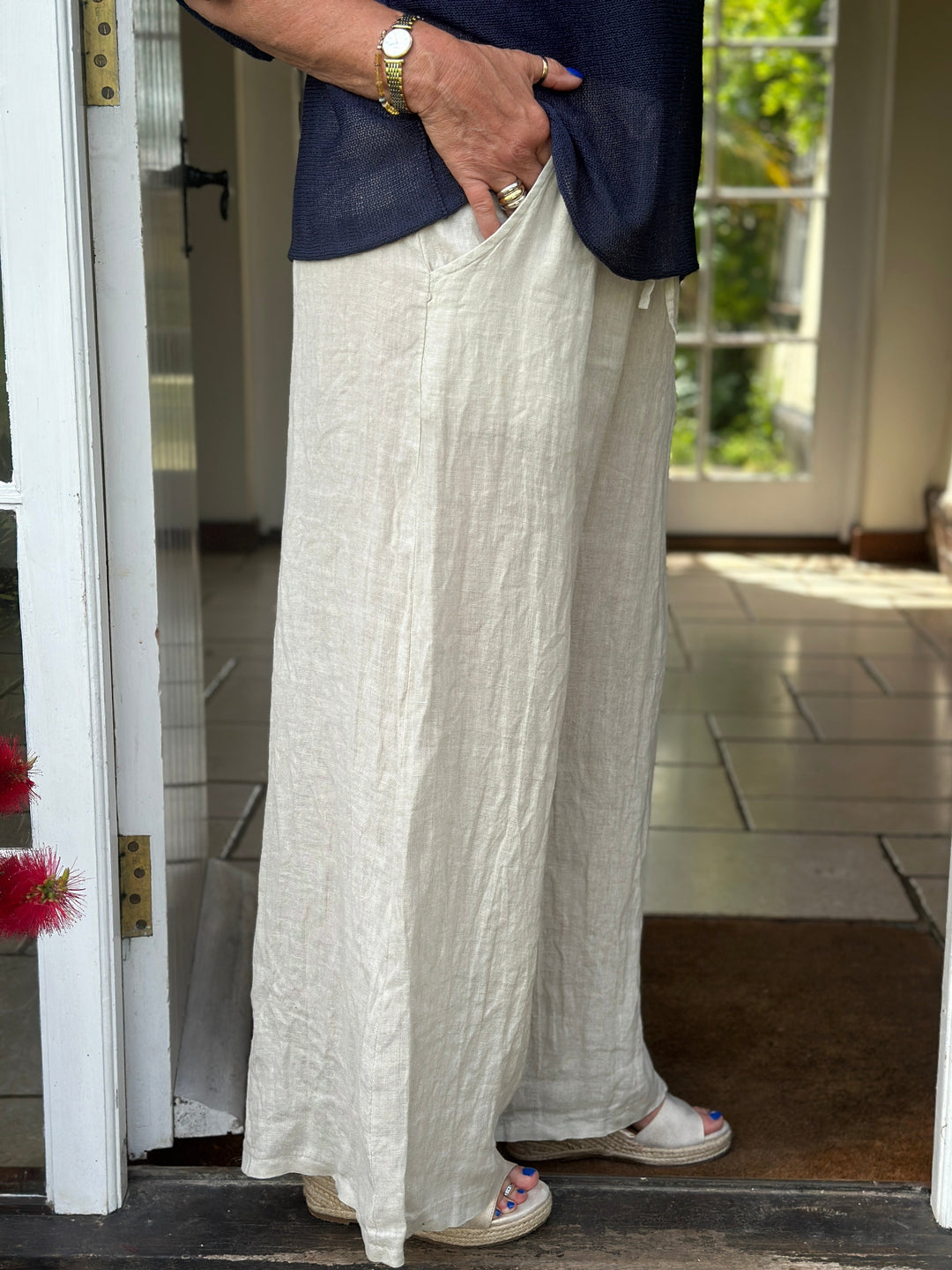 Wide Leg Linen Trouser | Beige
