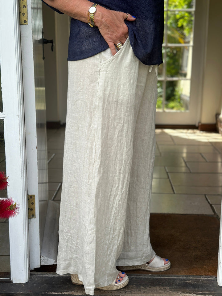 Wide Leg Linen Trouser | Beige