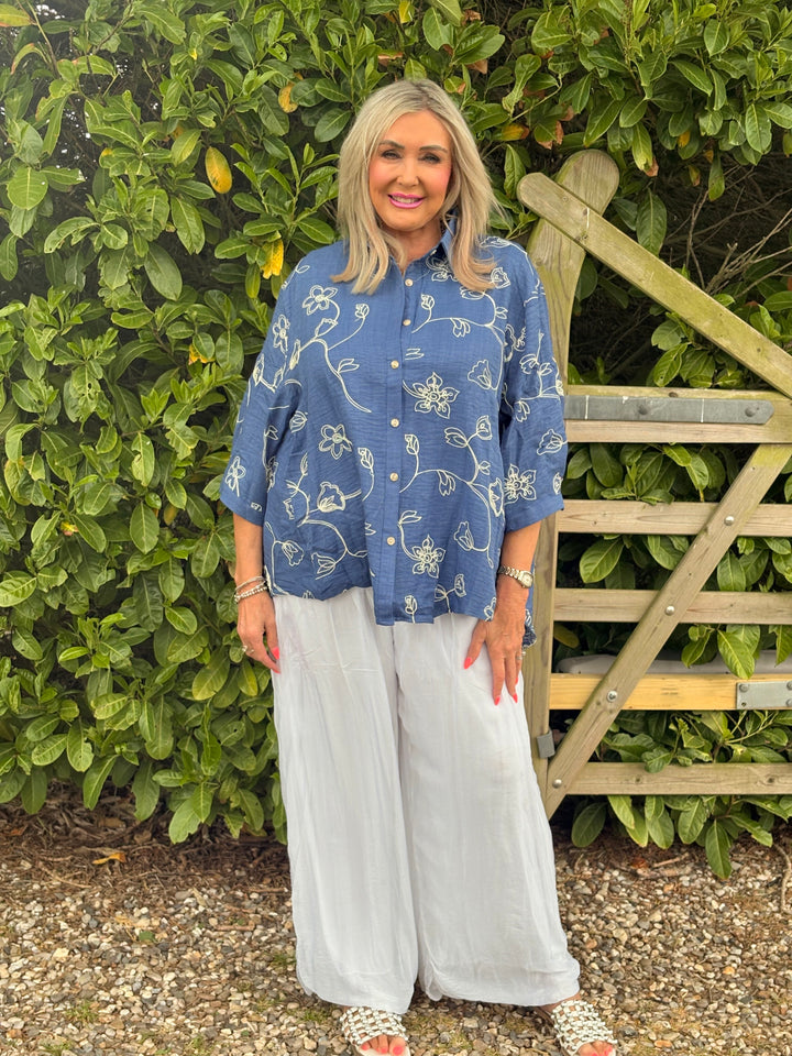 Delicate Flower Embroidery Shirt | Denim Blue
