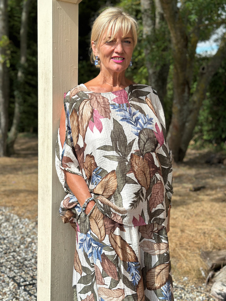 Leaf Print Cold-Shoulder Set | Khaki