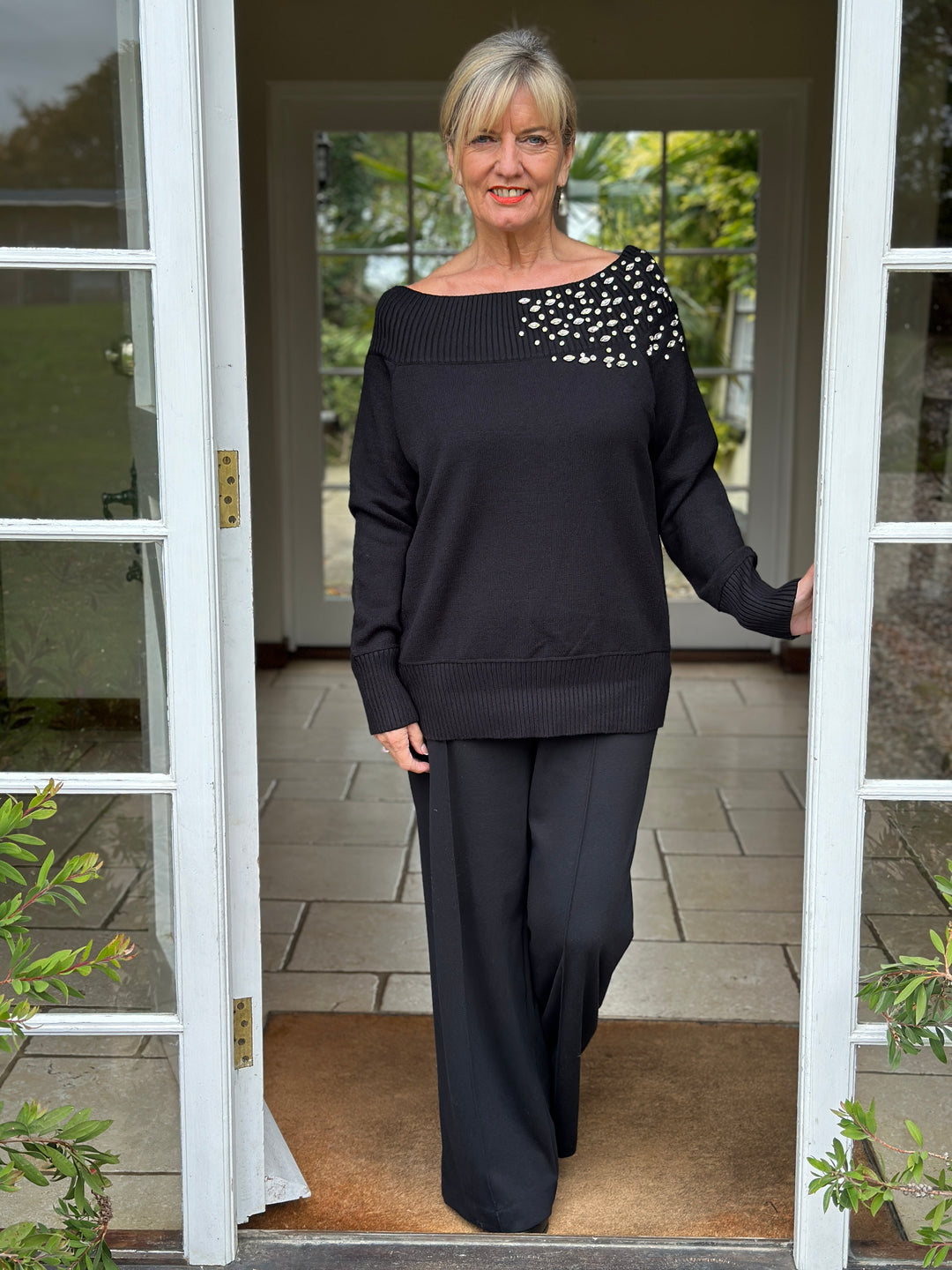 Crystal Detail Bardot Jumper - Malissa J | Black