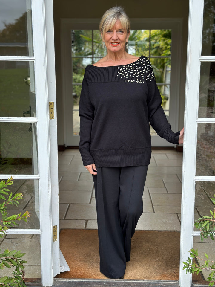 Crystal Detail Bardot Jumper - Malissa J | Black