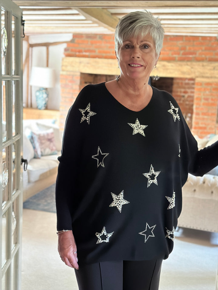 Pearl & Diamanté Star Jumper | Black