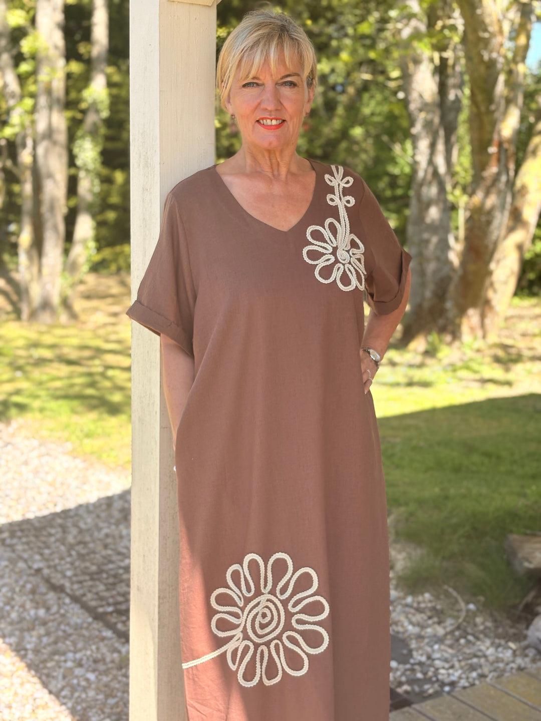 Embroidered Flower Print Tunic Dress | Chocolate