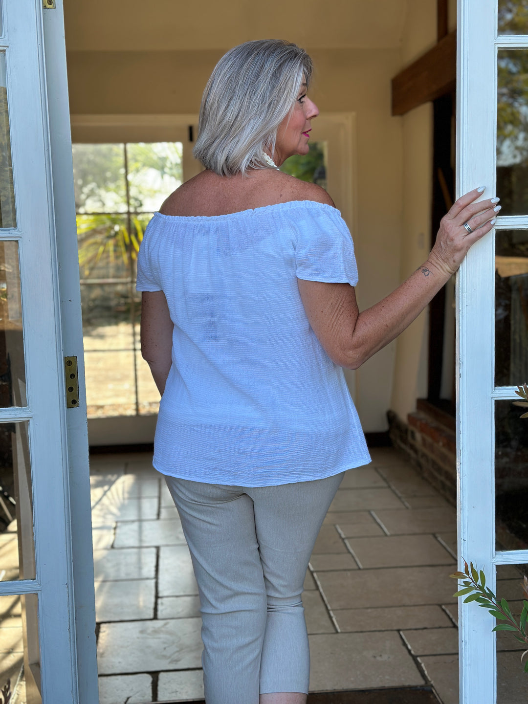 Cotton Linen Bardot Top | White