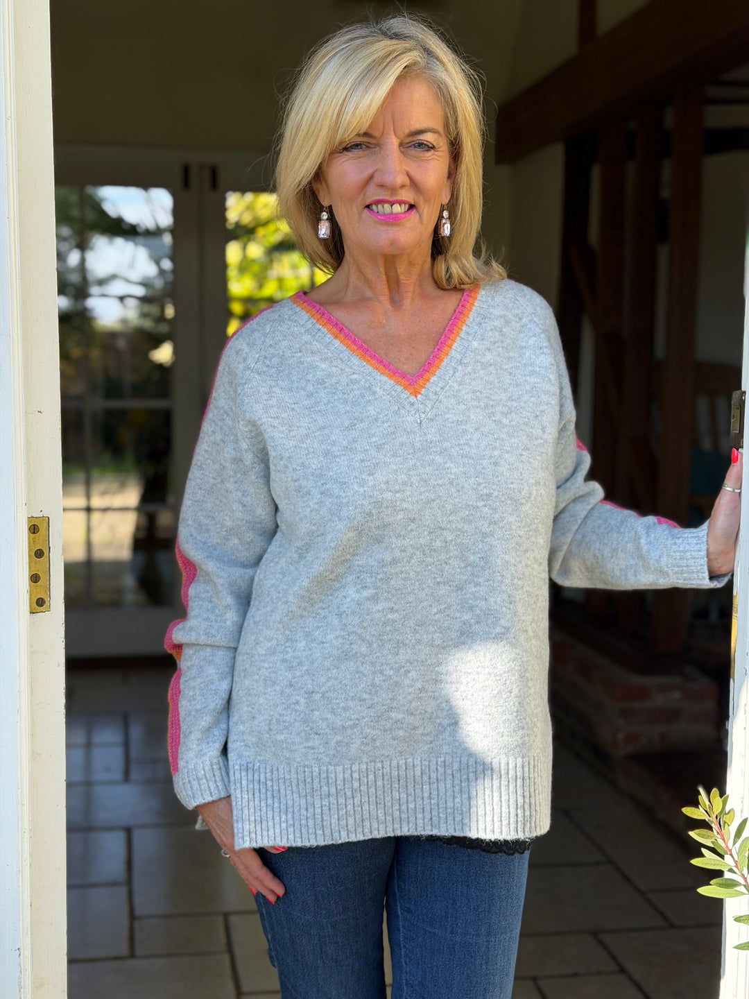 Stripe Sleeve Knit Jumper  | Silver