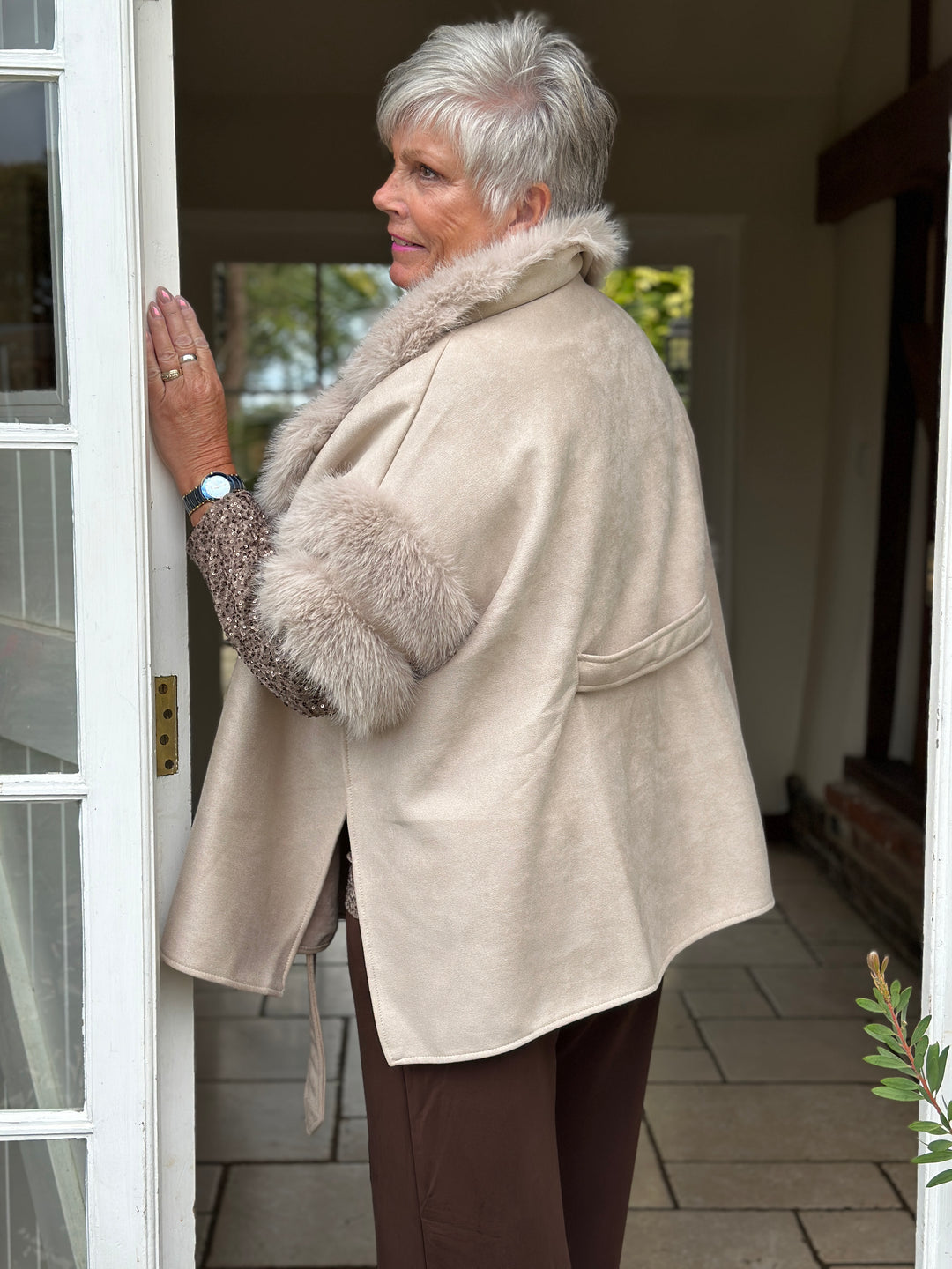 Faux Fur Trim Cape | Beige