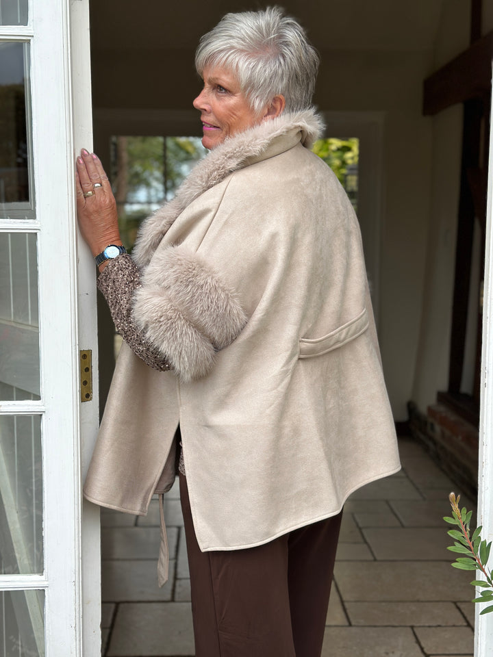 Faux Fur Trim Cape | Beige