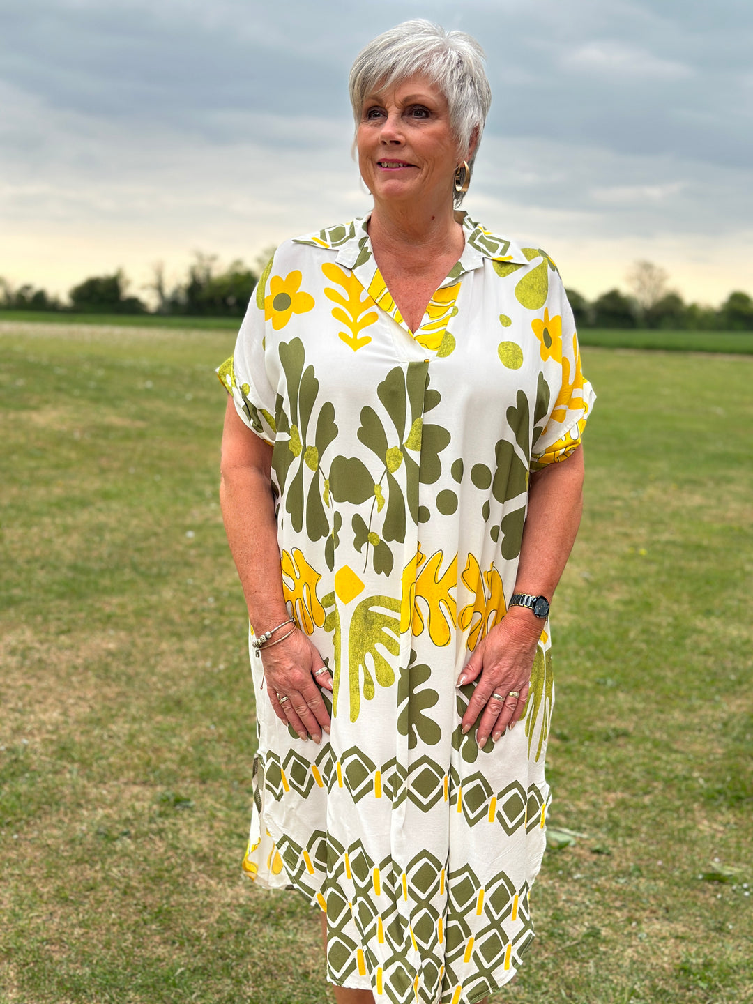 Abstract Print Tunic Dress | Khaki