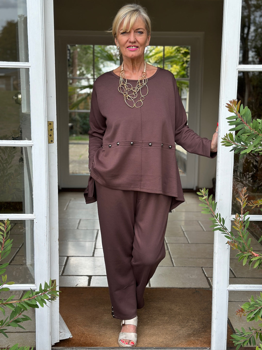 Studded Jersey Tapered Trousers - Malissa J | Chocolate Brown