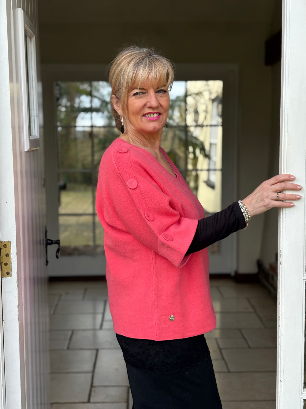 Elbow Length Button Detail V Neck Jumper Malissa J | Coral - Mandy's Heaven 