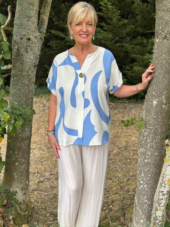 Swirl Print Button-Neck Top | Sky Blue