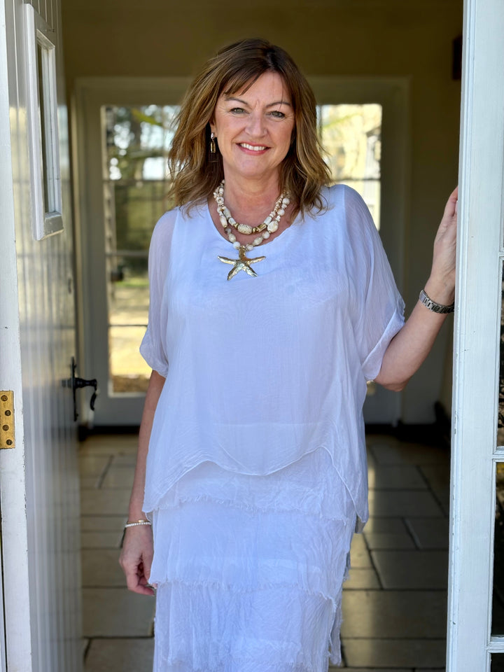 Silk Tiered Ruffle Dress | White