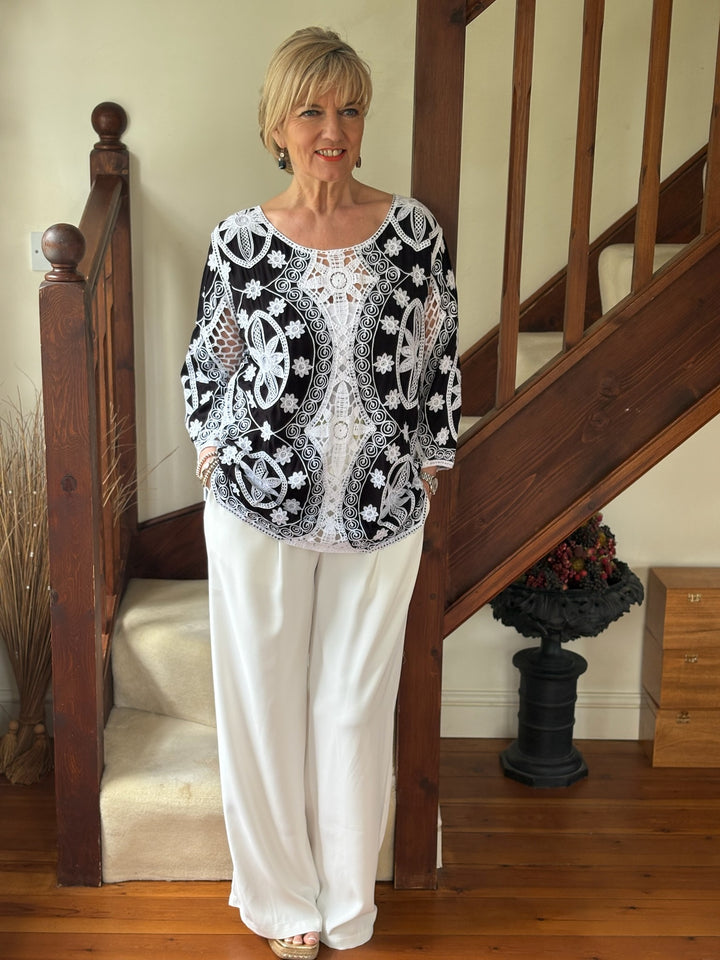 Floral Crochet Tapestry Design Top | Black