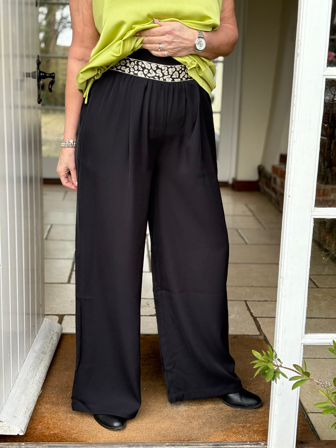 Woven Wide Leg Trouser Animal Print Waist Malissa J | Black - Mandy's Heaven 
