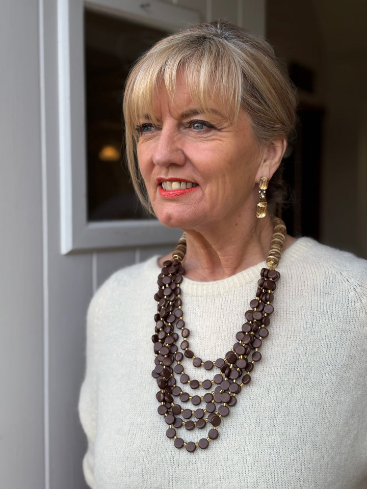 Coconut Shell & Mini Circle Bead Necklace | Chocolate & Gold