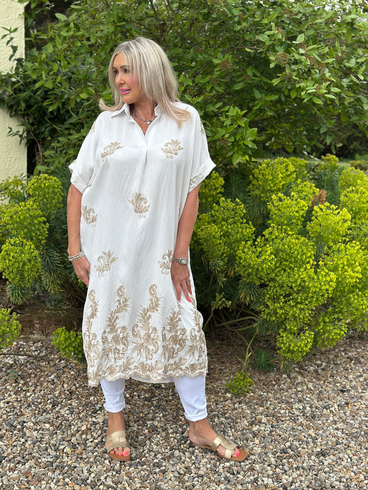 Swirl Glitz Leaf Embroidered Tunic Dress | White
