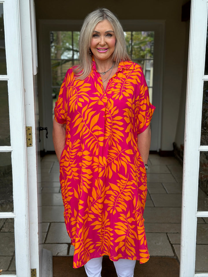 Abstract Print Tunic Dress | Fuchsia & Orange Leaf